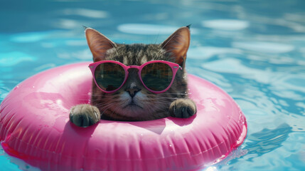 cat in funky sunglasses using swimming ring tire enjoying summer vacation in the water 