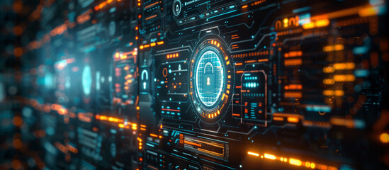 Obraz premium A computer screen with a blue circle in the middle and orange lines surrounding it. The blue circle is labeled with a lock symbol