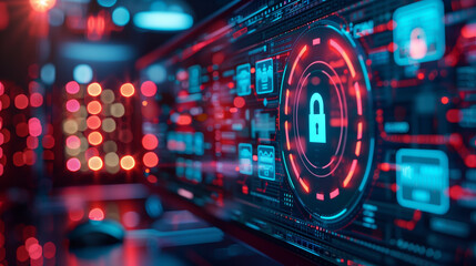 Obraz premium A computer monitor displays a red and blue screen with a large red circle in the center. The circle is labeled 