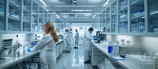A group of scientists are working in a lab. The lab is very clean and organized. There are many bottles and beakers on the counter. The scientists are wearing white lab coats and gloves
