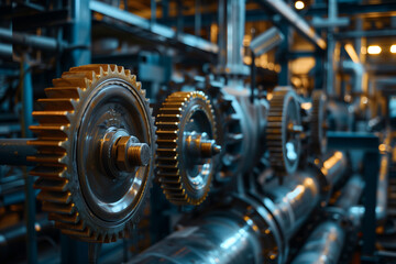 Fototapeta premium A close up of a machine with many gears. The gears are all different sizes and are all connected to each other. Concept of complexity and precision