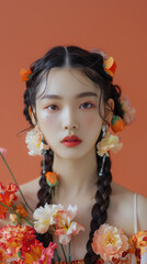 portrait of an beautiful young Asian Chinese girl with two braids flower-shaped earrings in her ears and a dress made of fresh flowers 