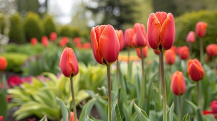 Tulips in full bloom in an outdoor garden