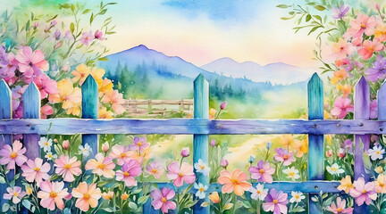 Obraz premium Pastel colored flowers bloom along the wooden fence, watercolor painting style, generative AI.