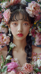portrait of an beautiful young Asian Chinese girl with two braids flower-shaped earrings in her ears and a dress made of fresh flowers