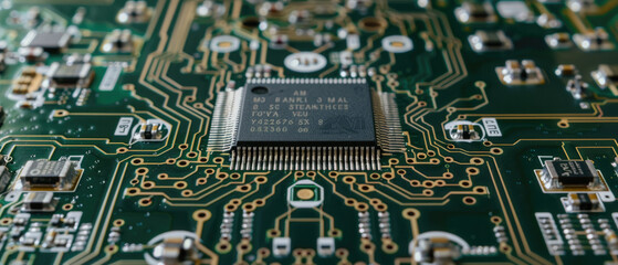 Electronic circuit microchip boards are printed in a flat brain-shaped PCB with a chip in the center of the technology board
