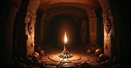 underground catacombs medieval fantasy dark tomb with walkways skulls and torches. horror building interior. lair of the dead and damned.	