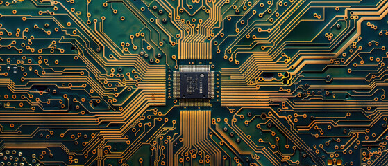 Electronic circuit microchip boards are printed in a flat brain-shaped PCB with a chip in the center of the technology board 