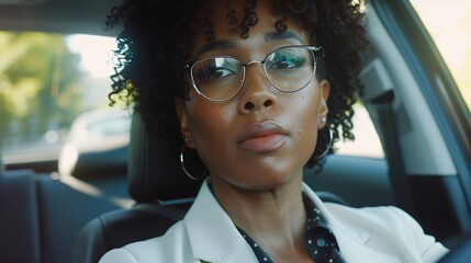 Car shot businesswoman confident young businesswoman wearing glasses sitting in car looking forward with calm expression