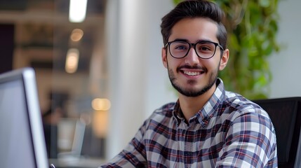 Obraz premium Cheerful young professional working diligently at office desk