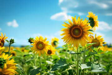 Vibrant sunflower field in full bloom, extending to the horizon under a clear blue sky