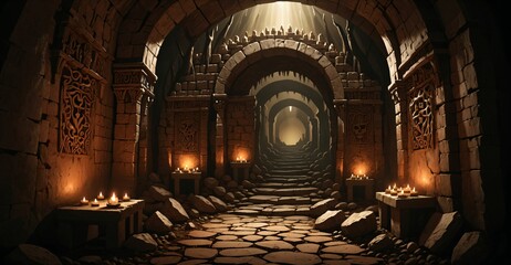 Obraz premium underground catacombs medieval fantasy dark tomb with walkways skulls and torches. horror building interior. lair of the dead and damned. 