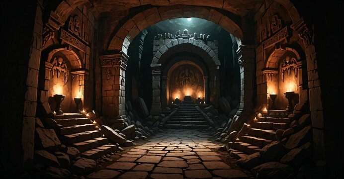 underground catacombs medieval fantasy dark tomb with walkways skulls and torches. horror building interior. lair of the dead and damned.	