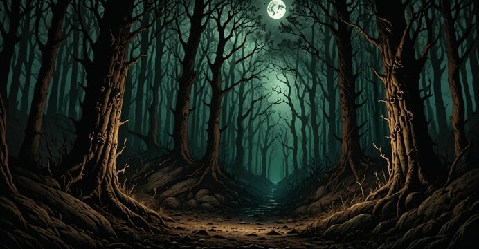 dark forest with dead trees at night under scary sky and moon. horror woods in fog. background wallpaper banner.
