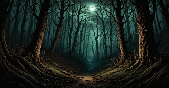dark forest with dead trees at night under scary sky and moon. horror woods in fog. background wallpaper banner.
