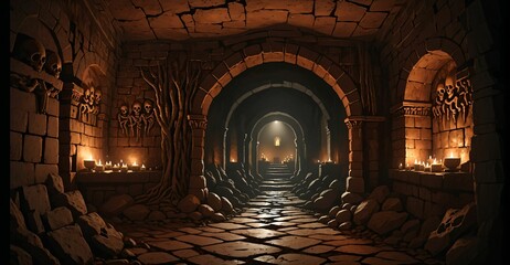 underground catacombs medieval fantasy dark tomb with walkways skulls and torches. horror building interior. lair of the dead and damned.
