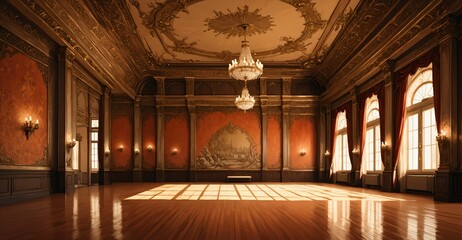 Obraz premium Palace Ballroom Theatre Hall. Abandoned amphitheater auditorium room. Royal dance hall in noble mansion interior.