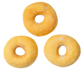 Top view set of sugar glazed brown cinnamon donuts scattering isolated with clipping path in png file format