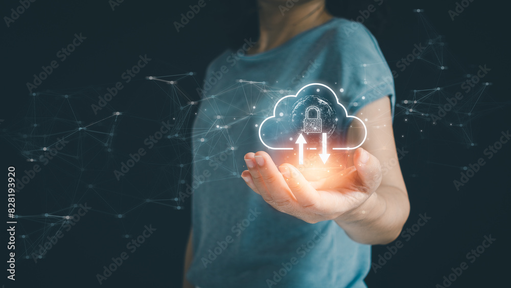 Poster Cloud Computing Technology Concept. Hands holding of data protected exchange on black background. networking connection. Big data and online storage.  Business data and security on the global network.