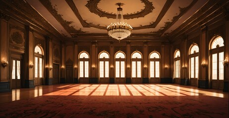 Obraz premium ballroom palace castle room interior. empty with light fixtures with chandelier and reflections in floor.