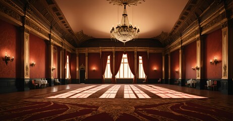 Obraz premium ballroom palace castle room interior. empty with light fixtures with chandelier and reflections in floor.