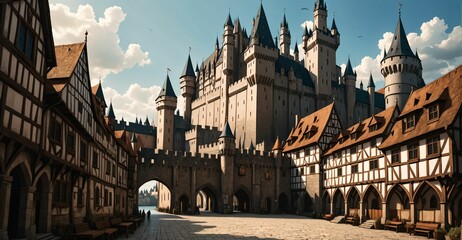 Fototapeta premium medieval gothic castle palace in city town under clouds. old ancient cityscape.