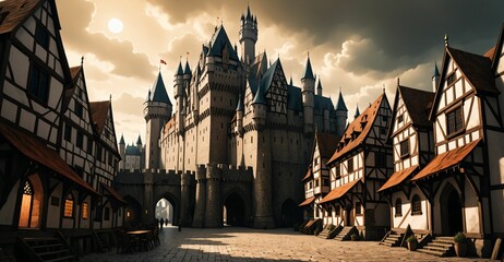 Naklejka premium medieval gothic castle palace in city town under clouds. old ancient cityscape.