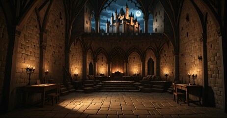 Obraz premium gothic castle palace building interior. goth cathedral rose art Nuevo deco window architecture with arches and torch light.