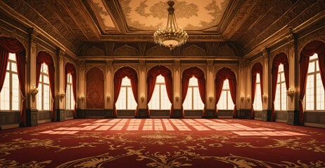 Obraz premium ballroom palace castle room interior. empty with light fixtures with chandelier and reflections in floor.