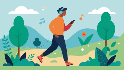 A person walking through nature headphones on listening to a playlist of uplifting and empowering songs. The lyrics and melodies give them a renewed sense of hope and help them. Vector illustration