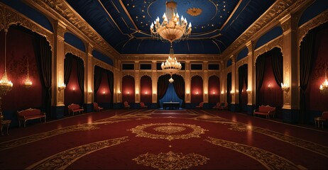 Obraz premium ballroom palace castle room interior. empty with light fixtures with chandelier and reflections in floor.