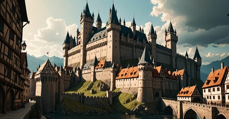 Obraz premium medieval gothic castle palace in city town under clouds. old ancient cityscape.