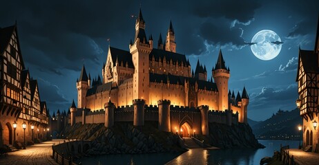 Fototapeta premium medieval gothic castle palace in city town at night under clouds and moon. old ancient cityscape.