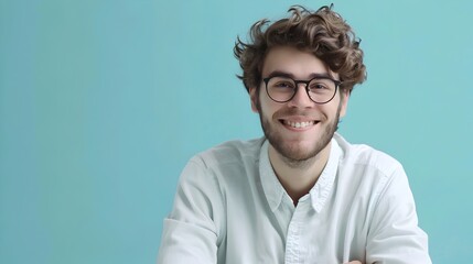 Obraz premium Confident Young Brand Manager Smiling Happily in Corporate Office Setting