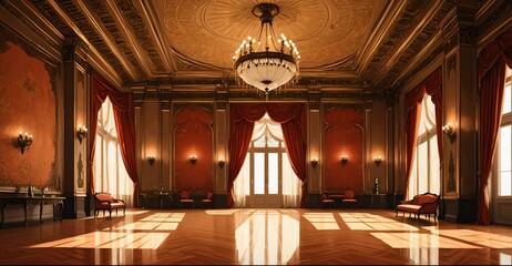Obraz premium ballroom palace castle room interior. empty with light fixtures with chandelier and reflections in floor.