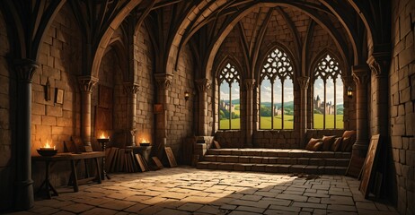 Obraz premium gothic castle palace building interior. goth cathedral rose art Nuevo deco window architecture with arches and torch light.