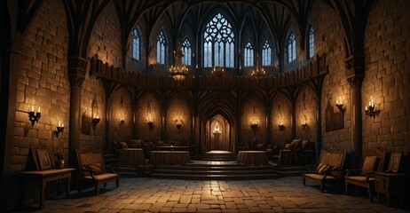 Obraz premium gothic castle palace building interior. goth cathedral rose art Nuevo deco window architecture with arches and torch light.
