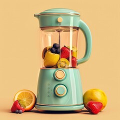 Retro blender with fresh fruit, colorful, cheerful, 70s style, photo realistic © Thanadol
