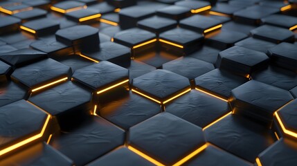 Fototapeta premium Luxury hexagonal abstract black metal background with golden light lines. Dark 3d geometric texture illustration. 