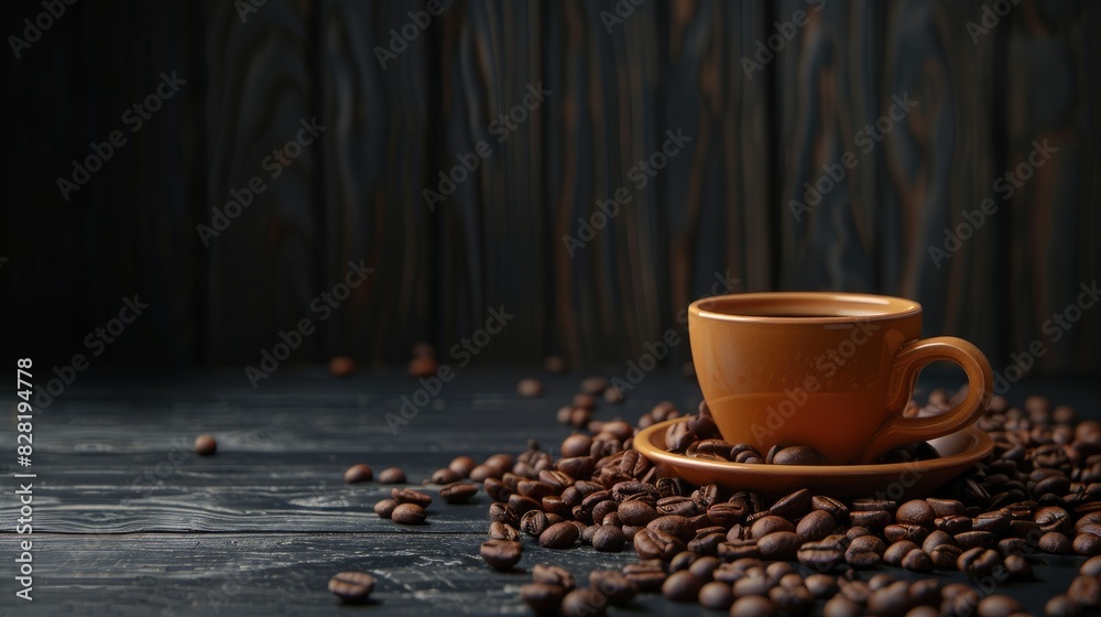 Canvas Prints Coffee cup and beans on wooden surface with dark backdrop and space for text banner