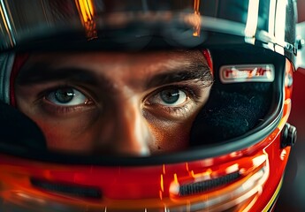 Closeup of a race car driver in a helmet