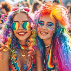Obraz premium 55. Friends with colorful wigs and makeup, posing together at a Pride event, fun and expressive