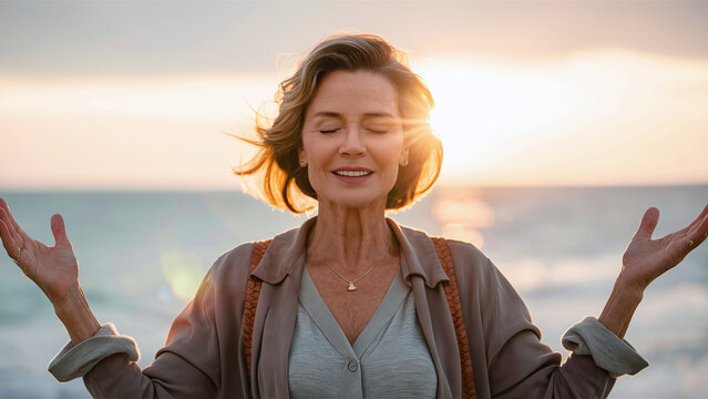 middle-aged senior caucasian woman meditating in the beach, nature, wellbeing and healthy lifestyle, yoga lover