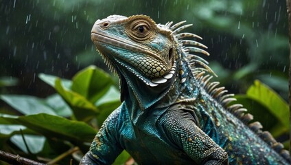 Obraz premium Majestic Iguana in a Rainforest Habitat: Nature's Exotic Beauty