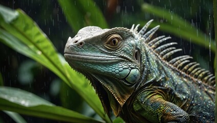 Obraz premium Majestic Iguana in a Rainforest Habitat: Nature's Exotic Beauty
