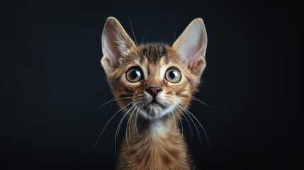 Obraz premium Inquisitive Abyssinian Kitten Poses for Close up Photo on Black Background