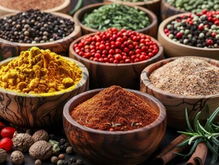 Fototapeta premium An assortment of colorful spices in wooden bowls close up, culinary, vibrant, Overlay, rustic kitchen backdrop