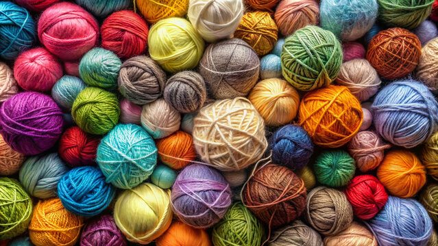 Knitting with colorful yarn balls, craft supplies