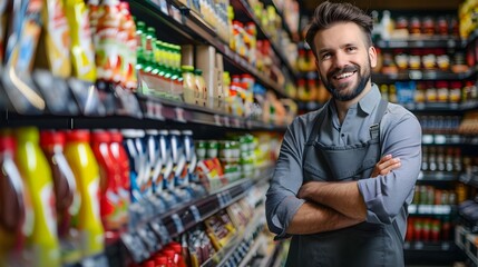 Happy Young Shelf Exuding Joy and Professionalism in Vibrant Retail Space