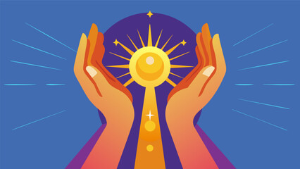A pair of hands clasped above the head radiating energy and symbolizing the awakening of the Kundalini s within.. Vector illustration